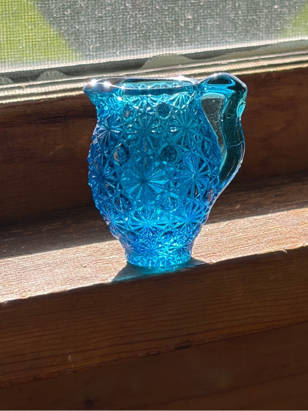 Vintage Teal Blue Pressed Glass Mini Pitcher Creamer Starburst Daisy Button 2.5”
